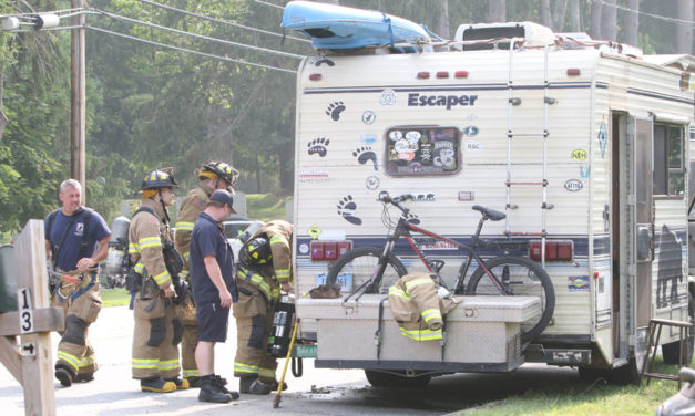 Firefighters douse fire in camper van wall