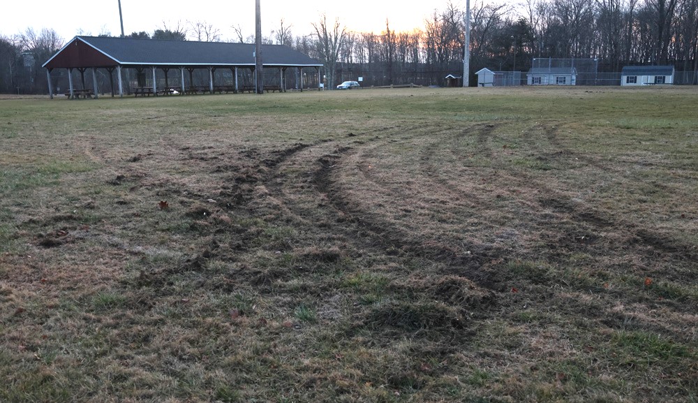 Vehicle makes a mess at Alain White Field