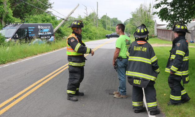 Wayward van snaps pole on Maple Street