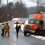 Tractor trailer truck runs off Fern Avenue